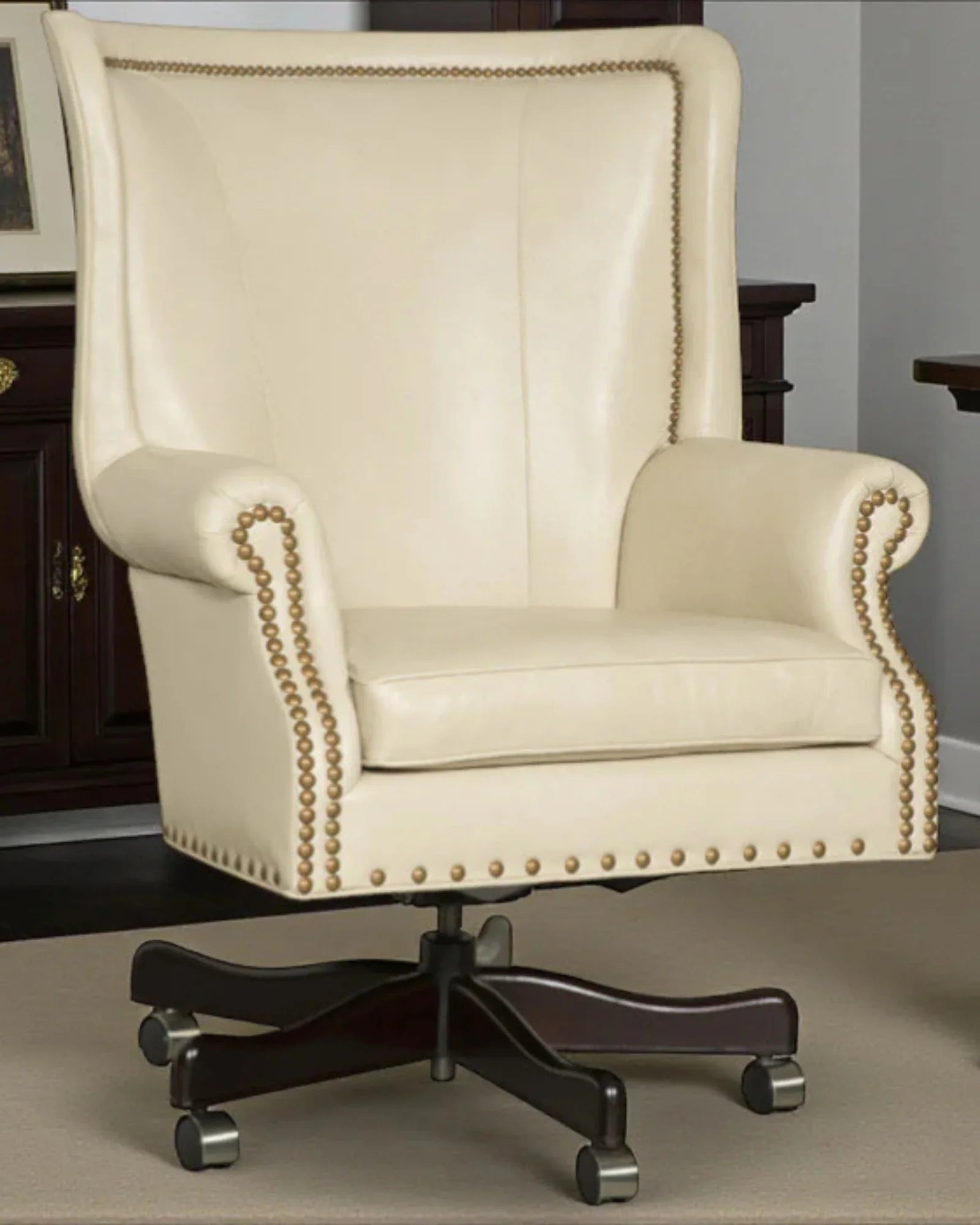 Ivory leather office chair with nail trim - Your Western Decor