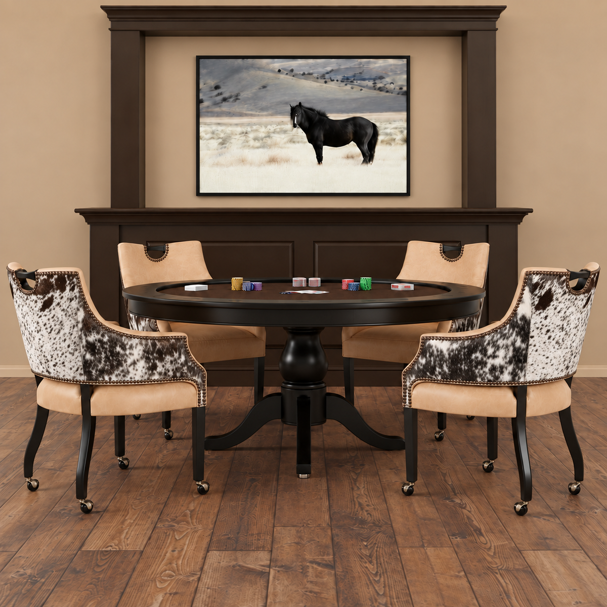 A round black poker table with four matching high-back chairs featuring black-and-white cowhide-patterned backs and beige seats, set in a dining room beneath a framed landscape horse art on a dark wood mantel.