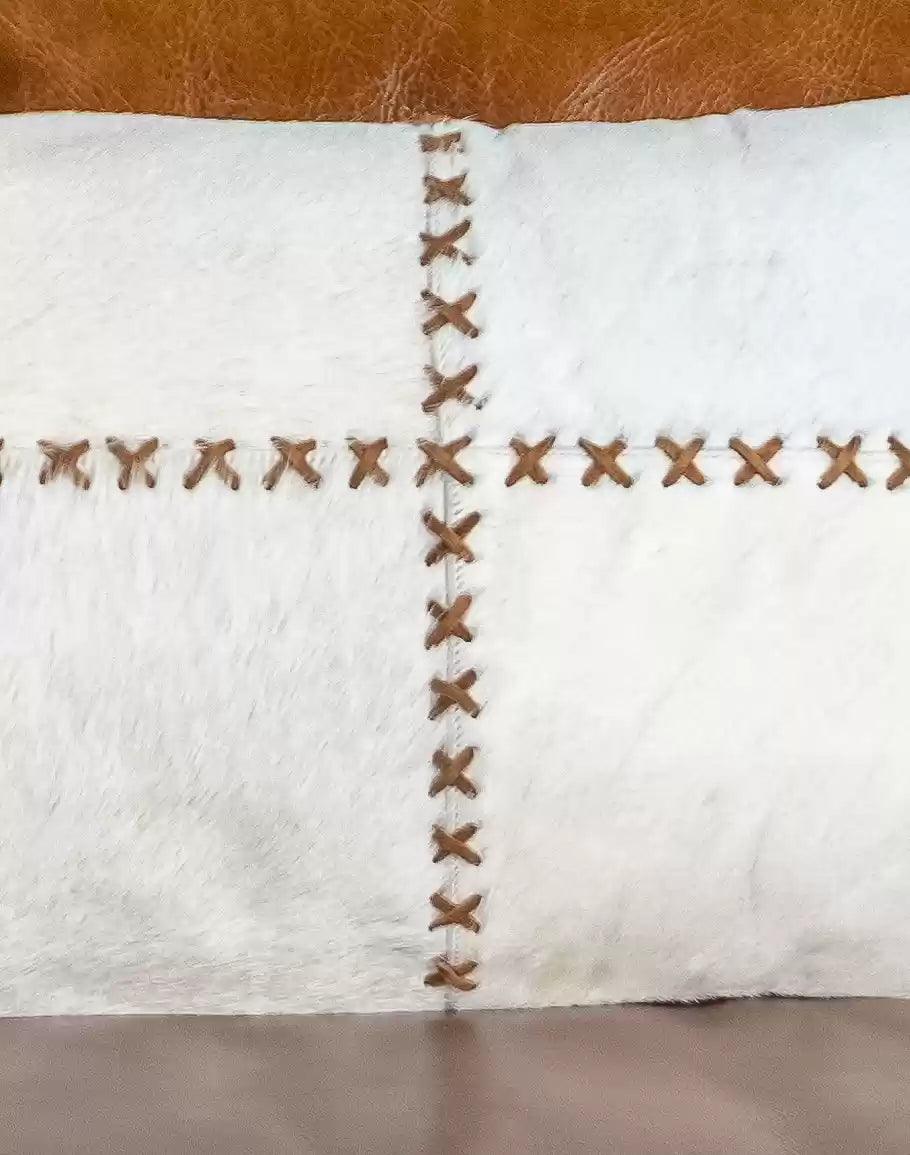 Ivory Stitched Cowhide Oblong Throw Pillow Detail - Your Western Decor