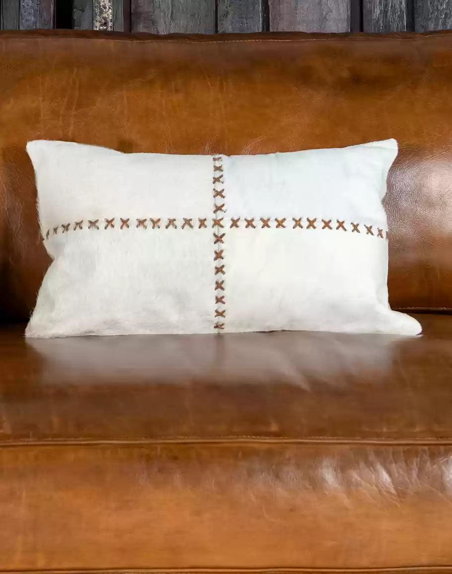 Ivory Stitched Cowhide Oblong Accent Pillow