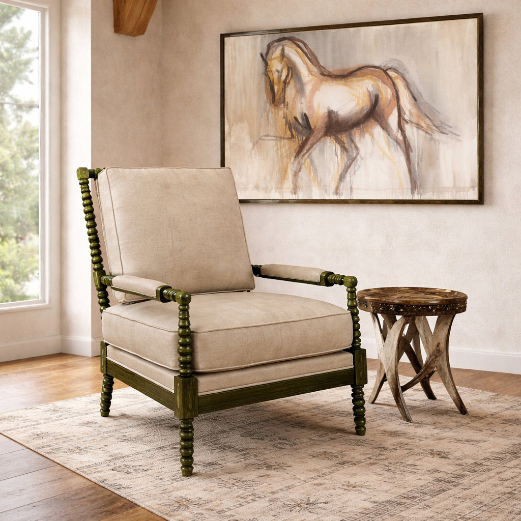 Jensen leather spool chair in vanilla leather with green wood frame styled in bright western ranch living room with cowhide side table and The Dance Horse Wall Art