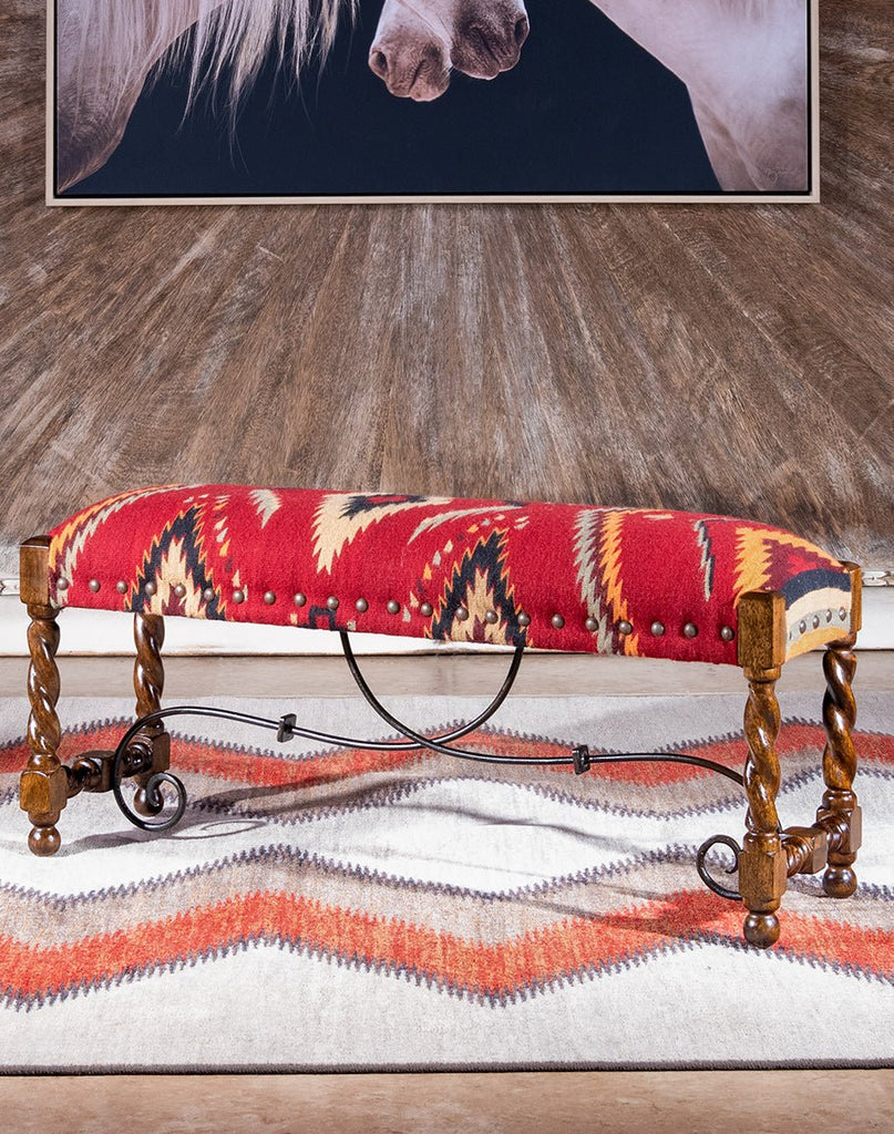 Kilim Upholstered Bench in Aztec Red Design -  Mango wood frames, forged iron support - Your Western Decor