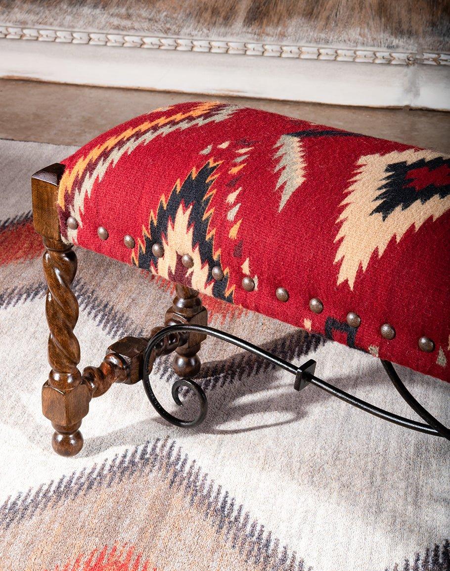 Kilim Upholstered Bench in Aztec Red Design -  Mango wood frames, forged iron support - Your Western Decor