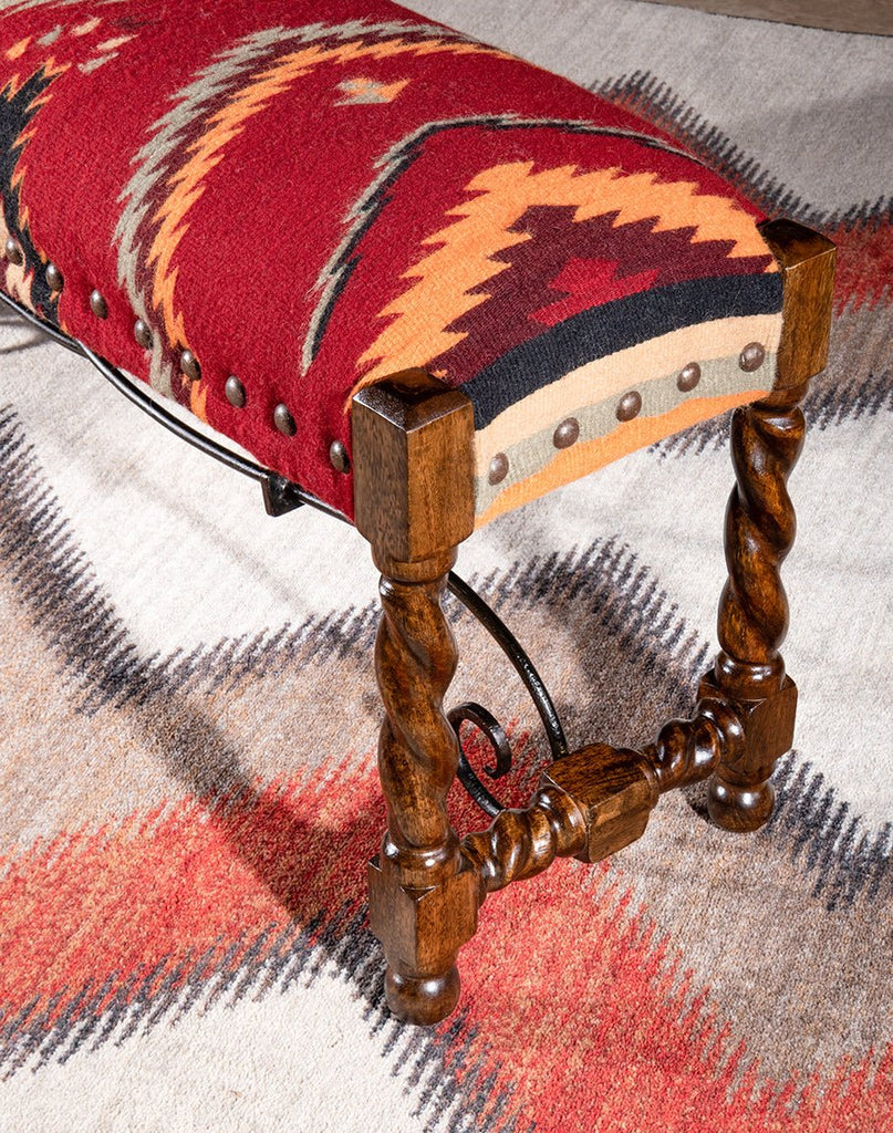 Kilim Upholstered Bench in Aztec Red Design -  Mango wood frames, forged iron support - Your Western Decor