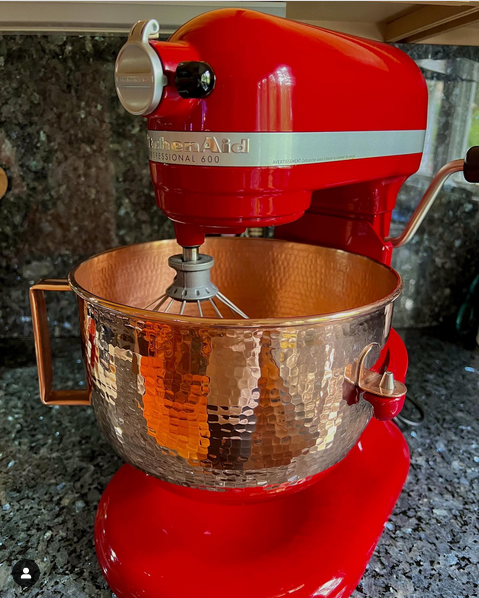 KitchenAid hammered copper mixing bowl on red Kitchen Aid mixer - Your Western Decor
