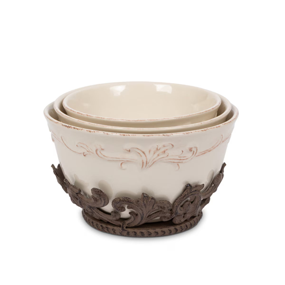 Cream embossed stoneware nesting bowl set with decorative iron stand.