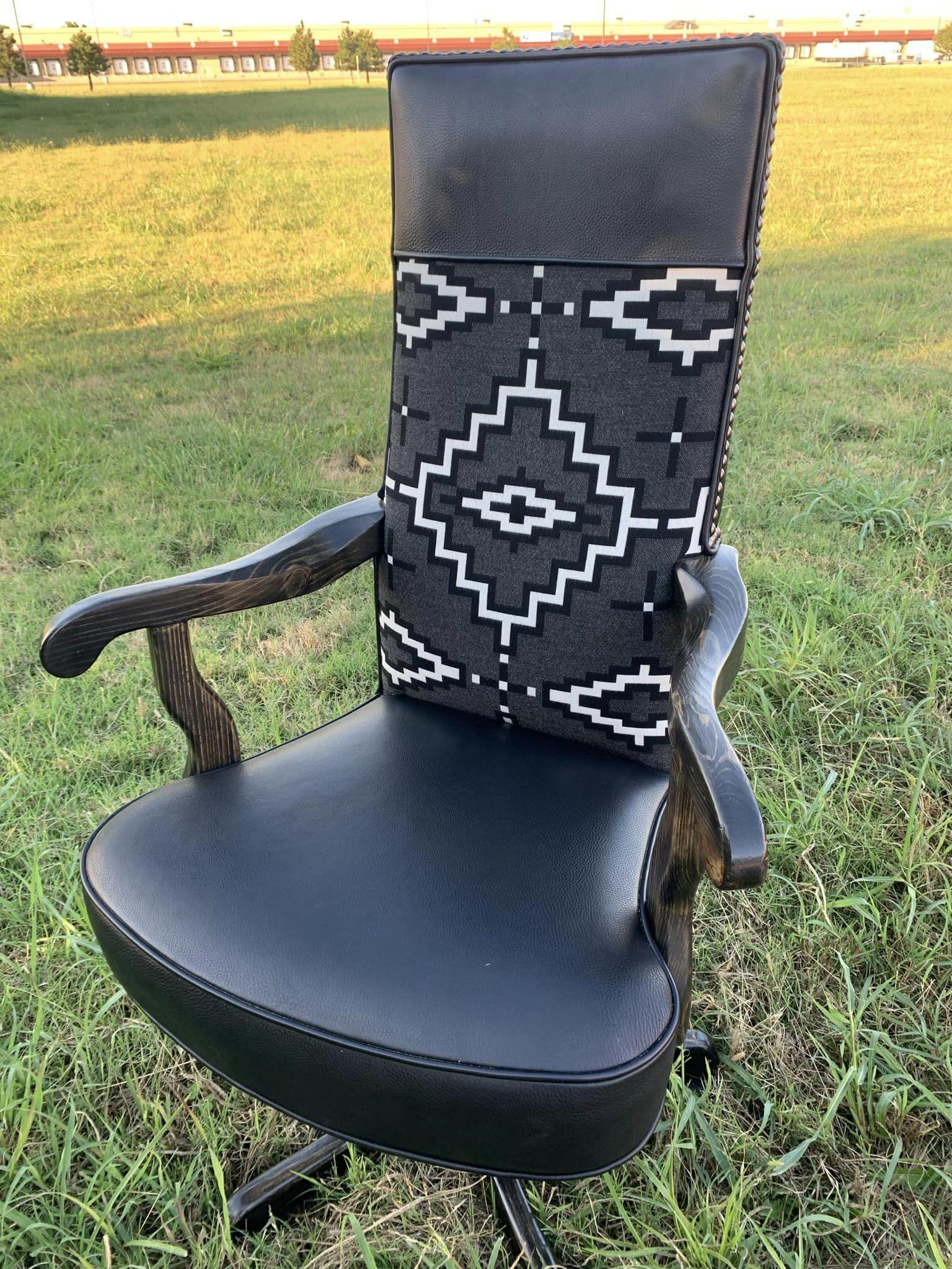 Pendleton Kiva Steps fabric and black leather office chair custom made in the USA - Your Western Decor