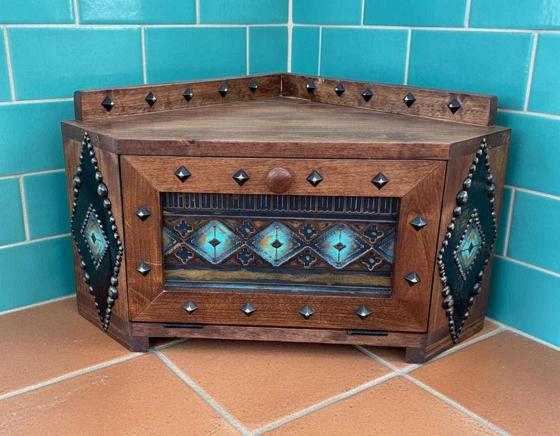 Western custom crafted bread keeper with leather and stud trim - Your Western Decor