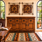 Legacy Ranch Hand Carved Buffet Sideboard in bright dining room with Barton Buckskin Area Rug and Rustic Iron Sun Wall Plaques 