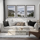 Lake Tahoe triptych wall art featuring Sierra Nevada mountains and alpine lake landscape in framed fine art prints for rustic and modern interiors, white border, black wood frames