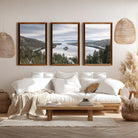 Lake Tahoe triptych wall art featuring Sierra Nevada mountains and alpine lake landscape in framed fine art prints for rustic and modern interiors, dark natural wood frames