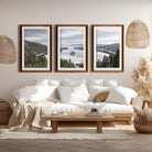 Lake Tahoe triptych wall art featuring Sierra Nevada mountains and alpine lake landscape in framed fine art prints for rustic and modern interiors, white border, dark natural wood frames