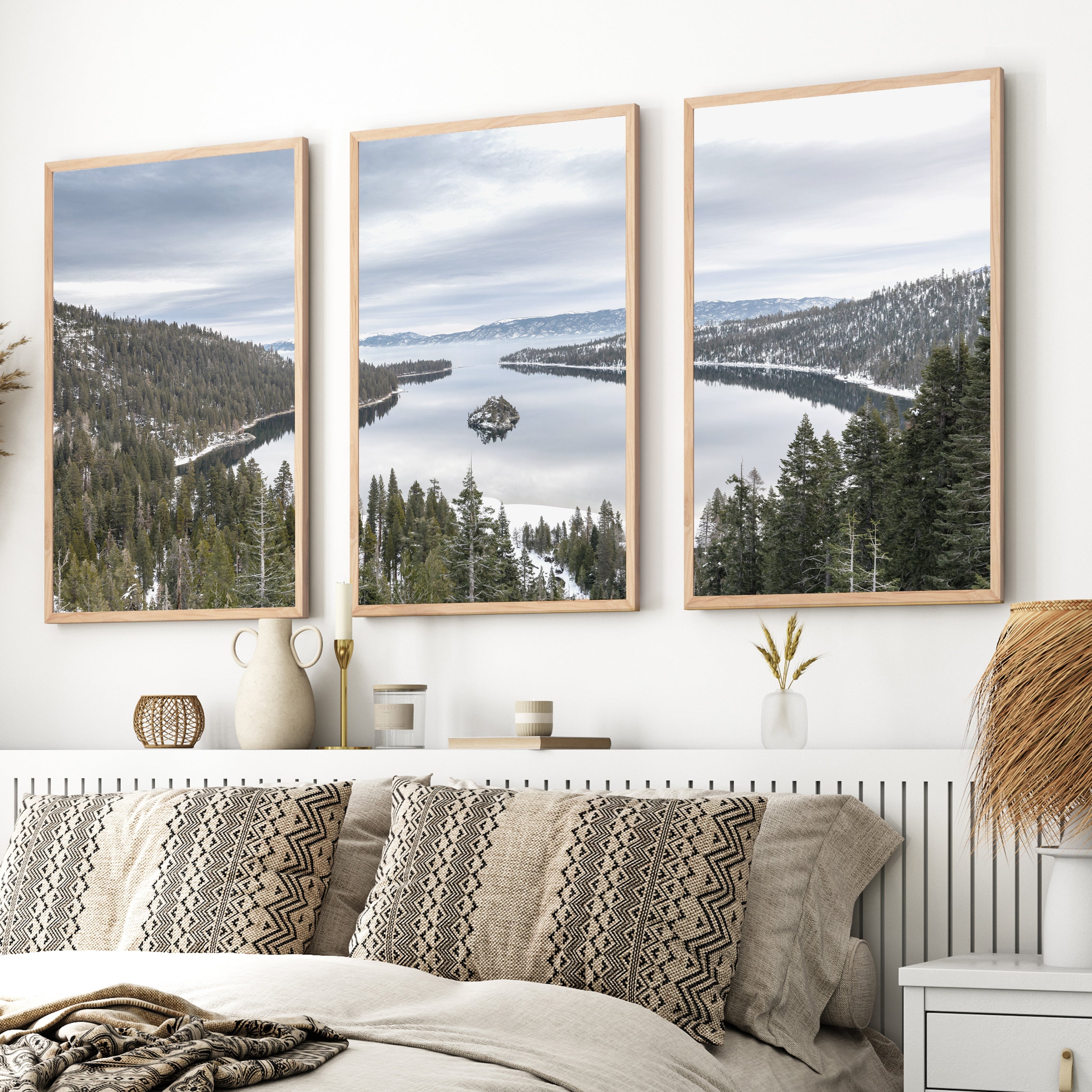 Lake Tahoe triptych wall art featuring Sierra Nevada mountains and alpine lake landscape in framed fine art prints for rustic and modern interiors, light wood frame