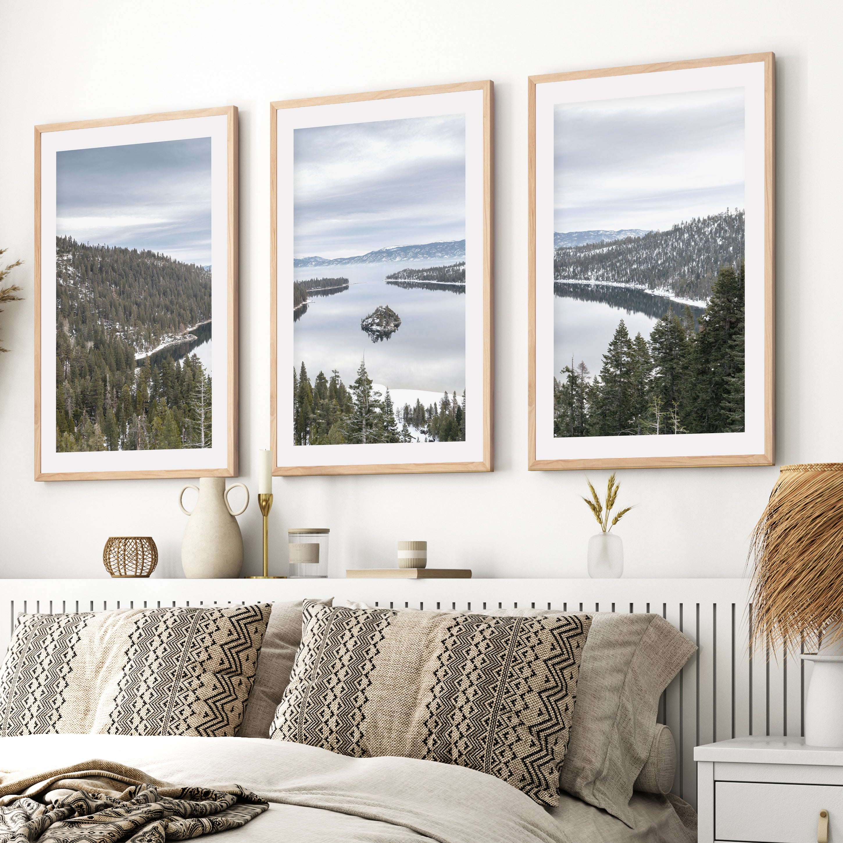 Lake Tahoe triptych wall art featuring Sierra Nevada mountains and alpine lake landscape in framed fine art prints for rustic and modern interiors, white border, natural light wood frames