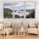 Lake Tahoe triptych wall art featuring Sierra Nevada mountains and alpine lake landscape in framed fine art prints for rustic and modern interiors, white wood frames