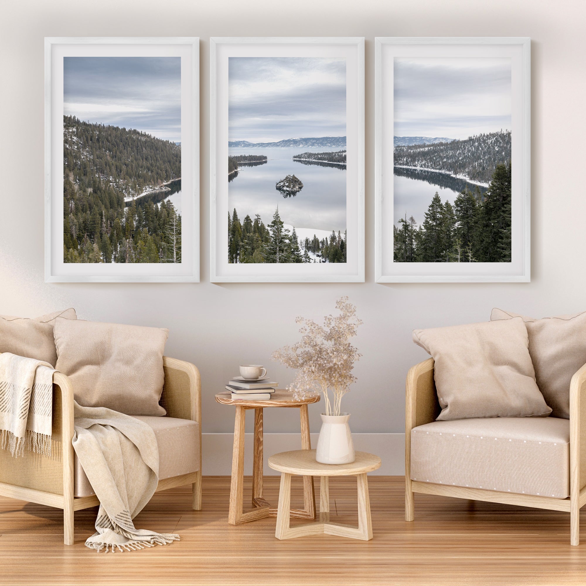 Lake Tahoe triptych wall art featuring Sierra Nevada mountains and alpine lake landscape in framed fine art prints for rustic and modern interiors, white border, white wood frames