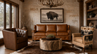 Lakota leather sofa, tufted leather swivel chair, Harding accent chair, cowhide ottoman in lodge style living room