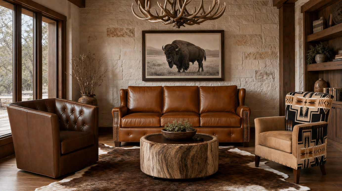 Lakota leather sofa, tufted leather swivel chair, Harding accent chair, cowhide ottoman in lodge style living room