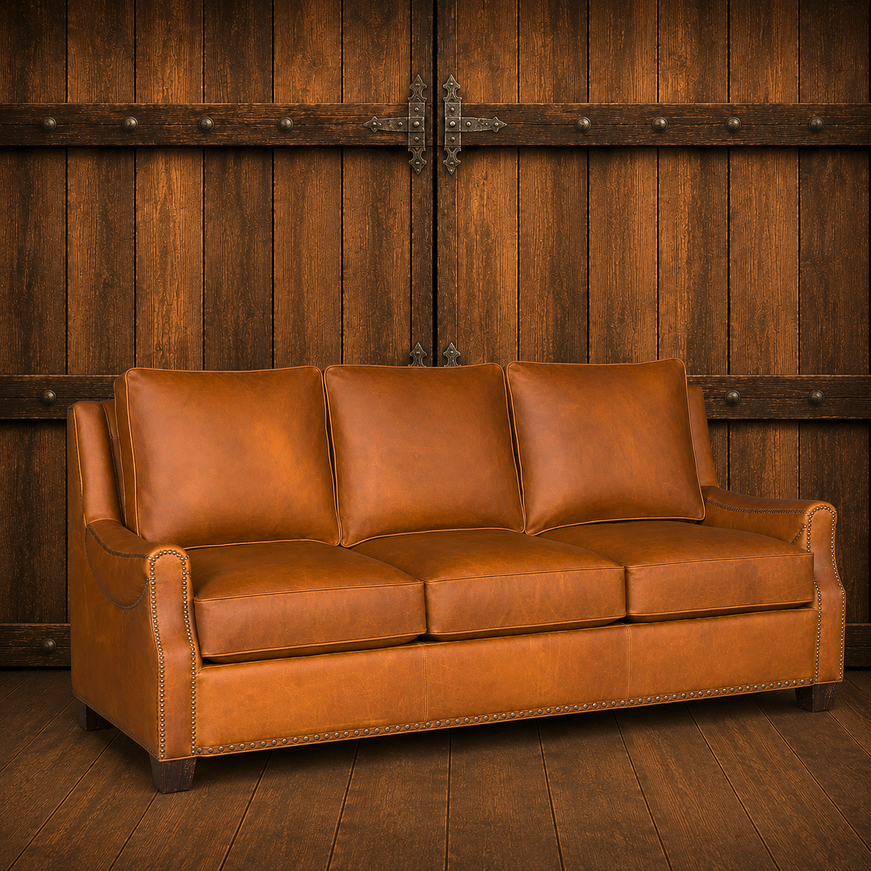 Terra cotta, burnt orange leather sofa in wood wall and floor room 