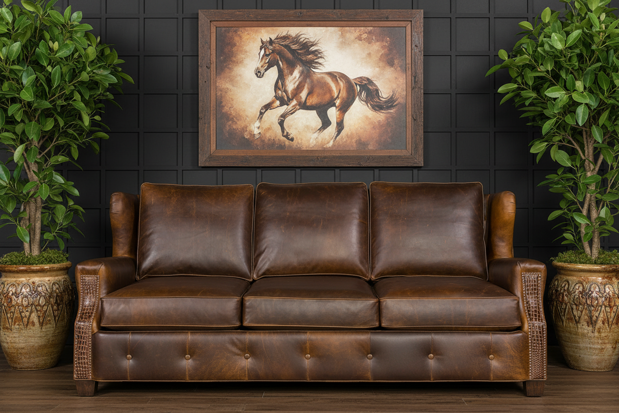 Lakota brown leather sofa in living room - Your Western Decor