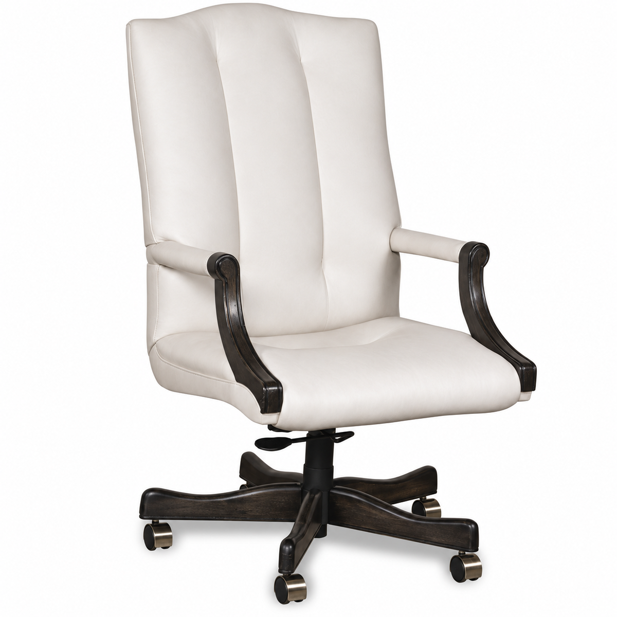 A high-back office chair with white colored upholstered leather seating and backrest, paired with dark brown wooden armrests and a matching dark brown five-star wheeled base.
