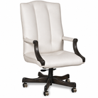 A high-back office chair with white colored upholstered leather seating and backrest, paired with dark brown wooden armrests and a matching dark brown five-star wheeled base.