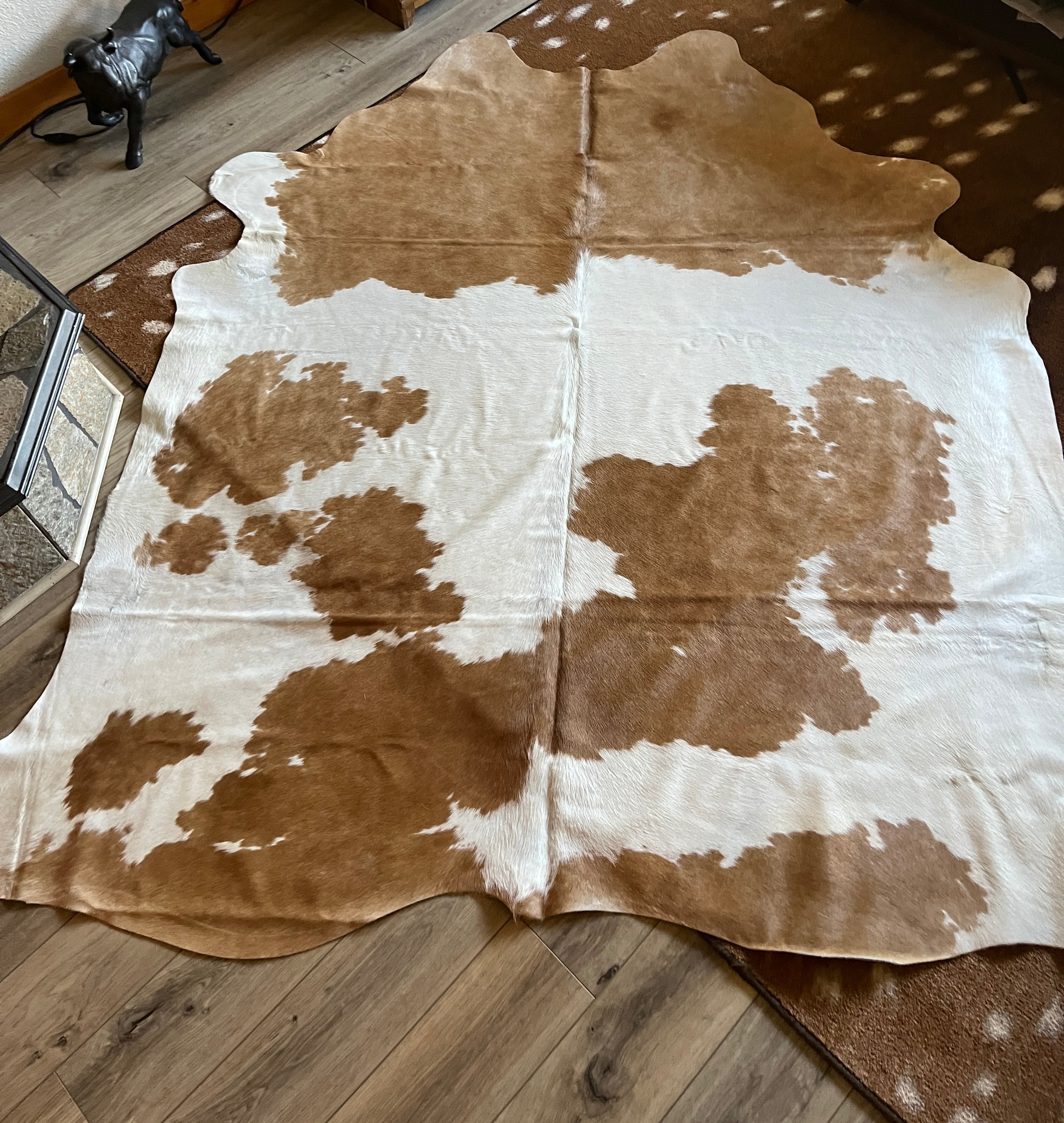 Brown and white cowhide rug on Axis area rug and hardwood floor