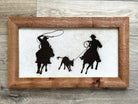laser engraved team roping cowhide wall art western cowboy decor framed in cedar
