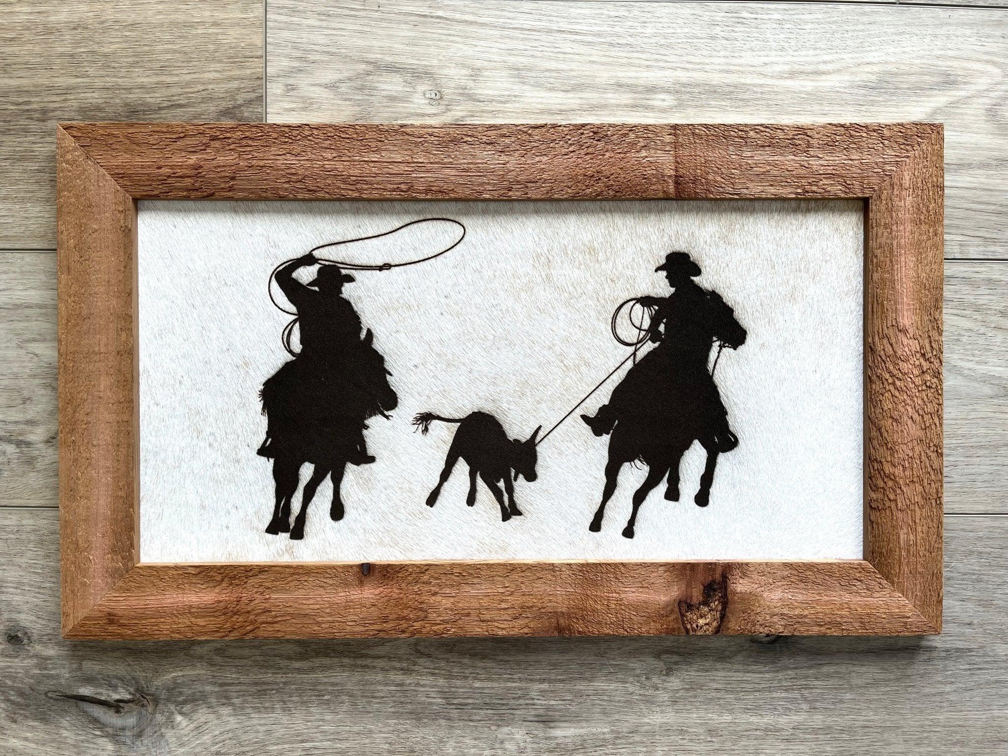 laser engraved team roping cowhide wall art western cowboy decor framed in cedar