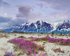 Scenic landscape with snow-capped mountains and pink flowers in the foreground - Laura's Flower Box art by Sherri Alexander - Your Western Decor