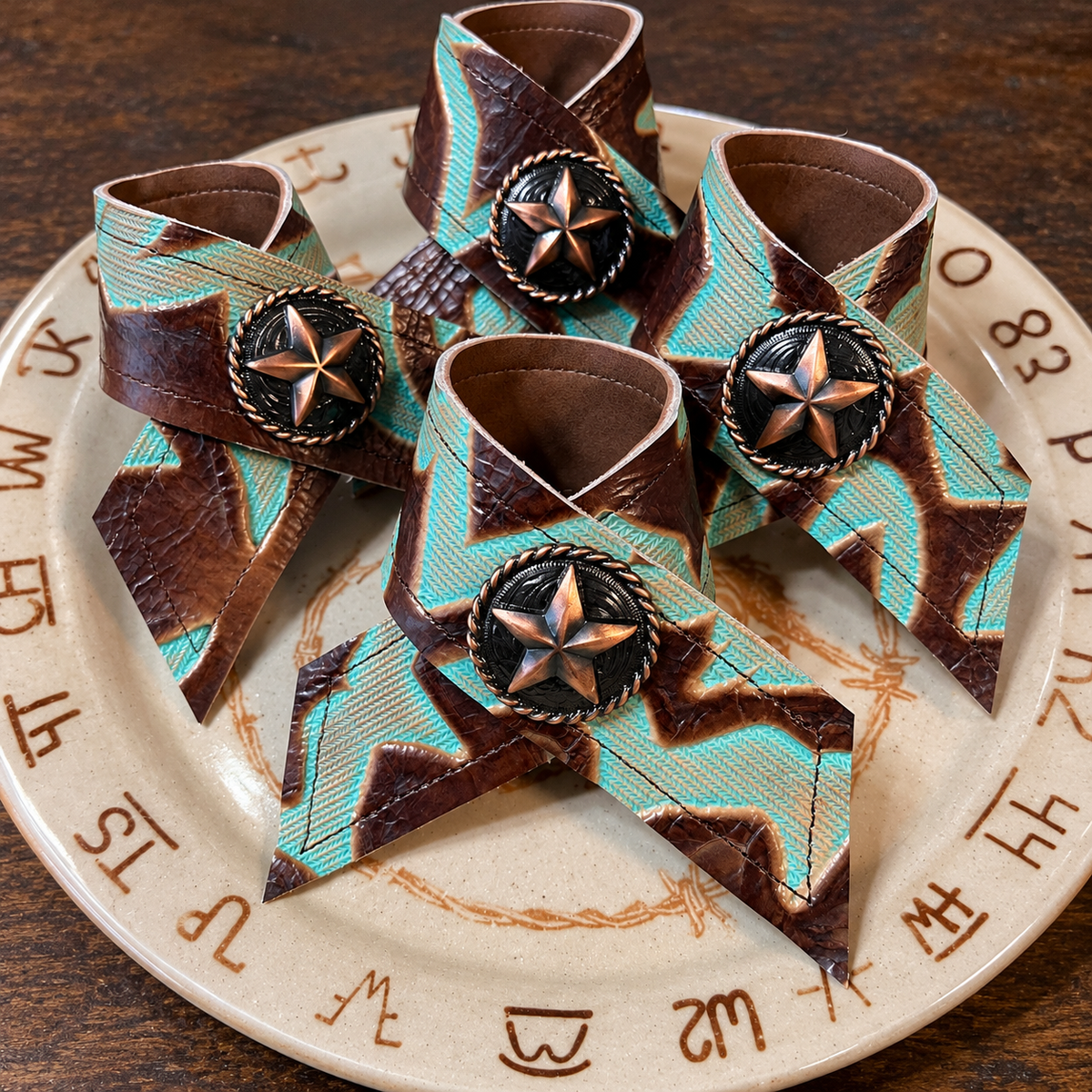 Turquoise and brown laredo embossed western leather napkin rings with Texas star and rope detailed conchos on Blue Mountain Brands western dinner plate