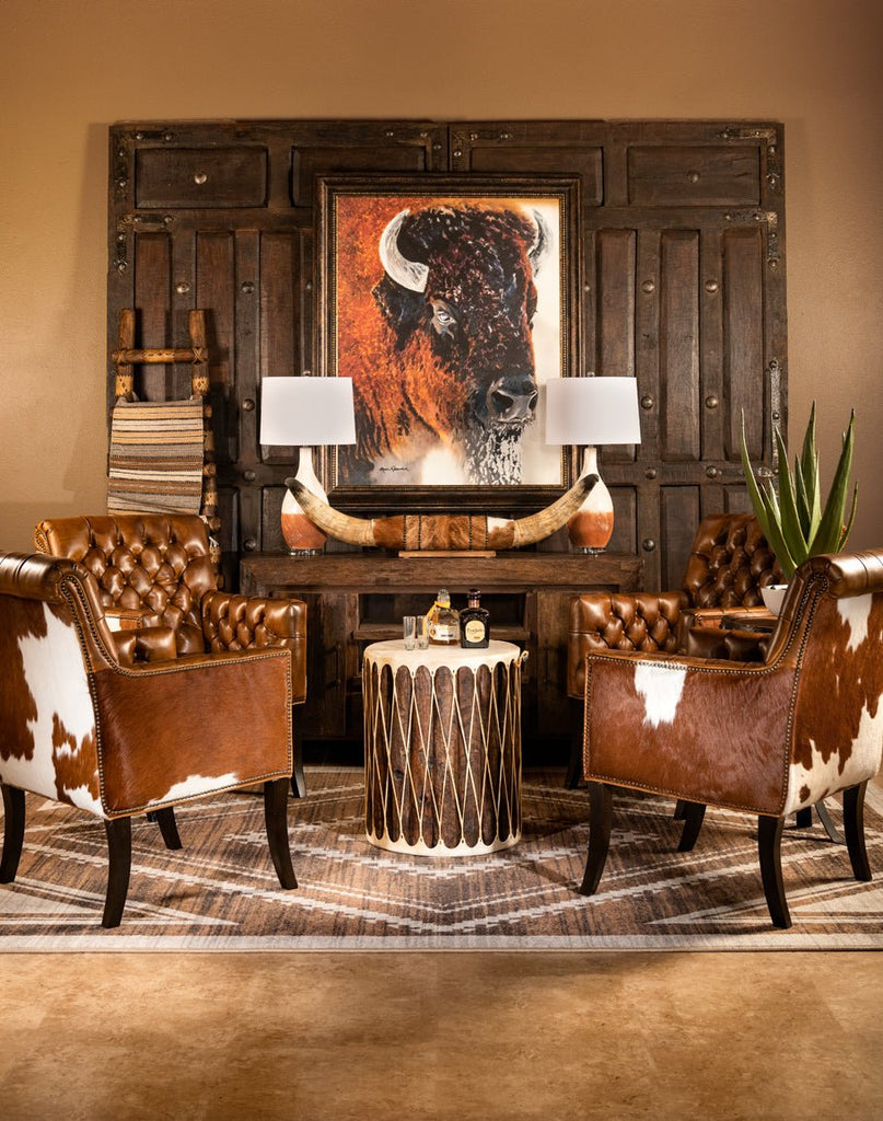 Cowhide & Leather Tufted Chair Room Setting - American made home furnishings - Your Western Decor