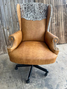 Distressed leather and cowhide western upholstered custom made desk chair