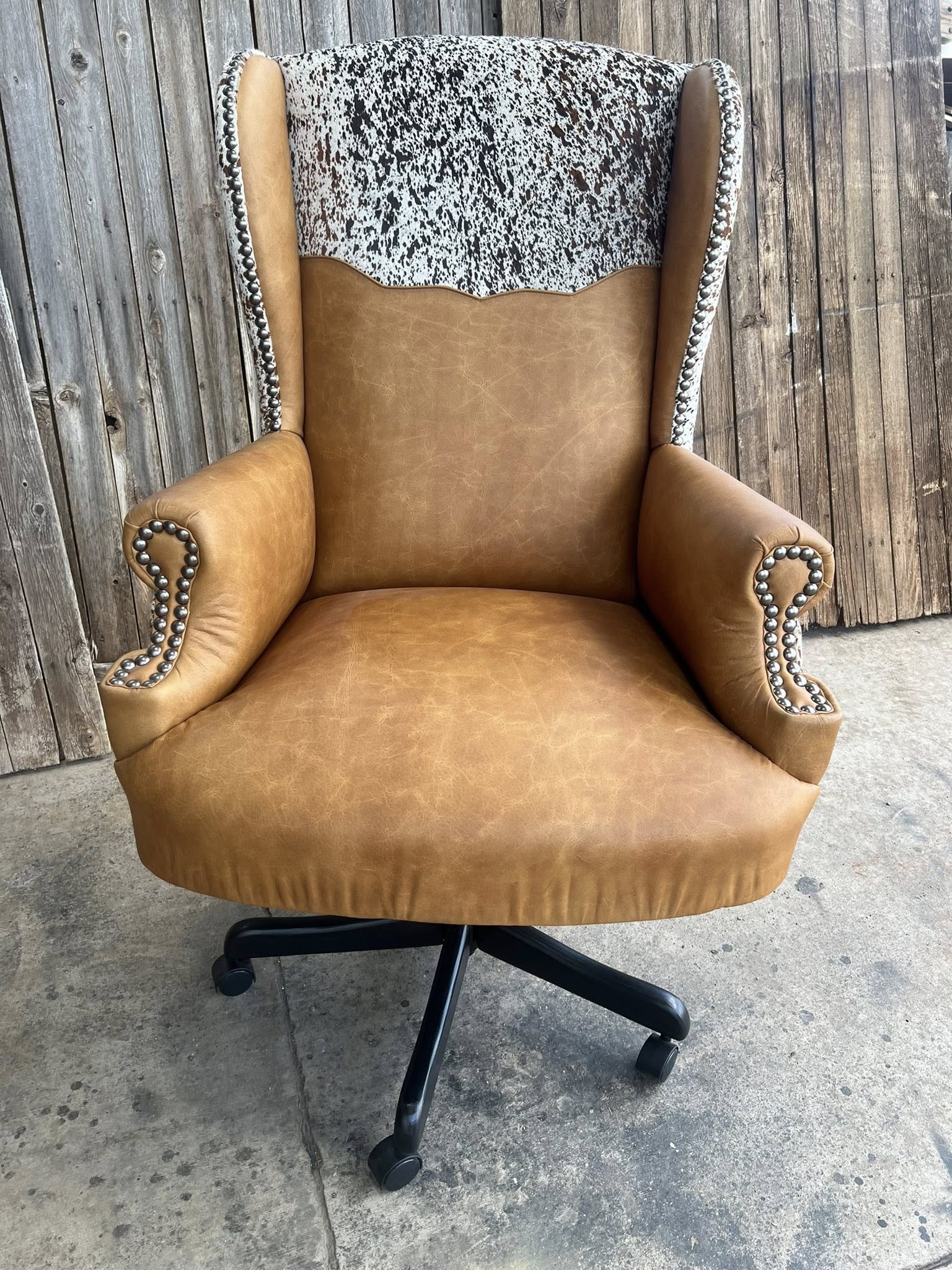 Distressed leather and cowhide western upholstered custom made desk chair