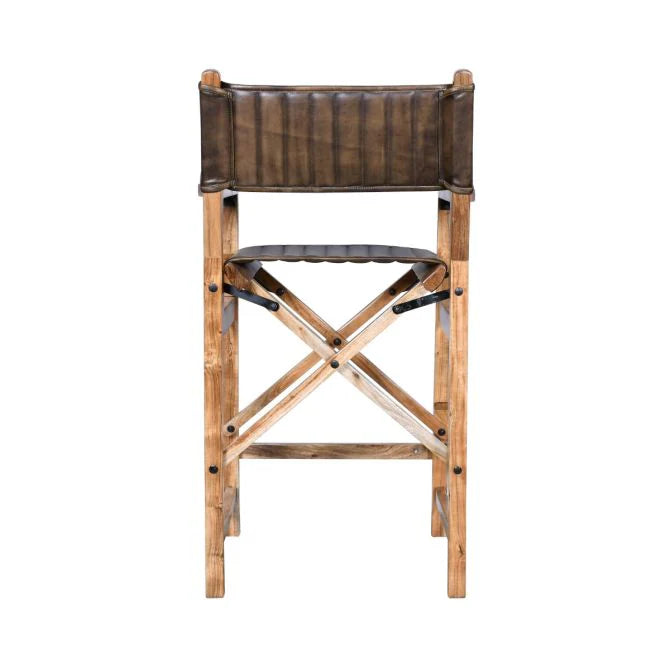 Dark brown buffalo leather folding bar chair with wood frame - Your Western Decor