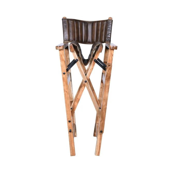 Dark brown buffalo leather folding bar chair with wood frame - Your Western Decor