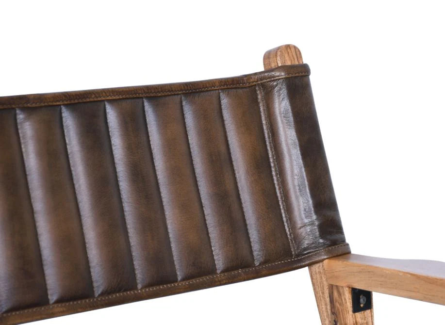 Dark brown buffalo leather folding bar chair with wood frame - Your Western Decor