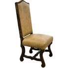 SIde view of distressed beige leather upholstered chair with brindle cowhide back and dark chocolate finished wood frame 