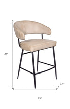 Beige leather bar stool with dimensions labeled on a white background