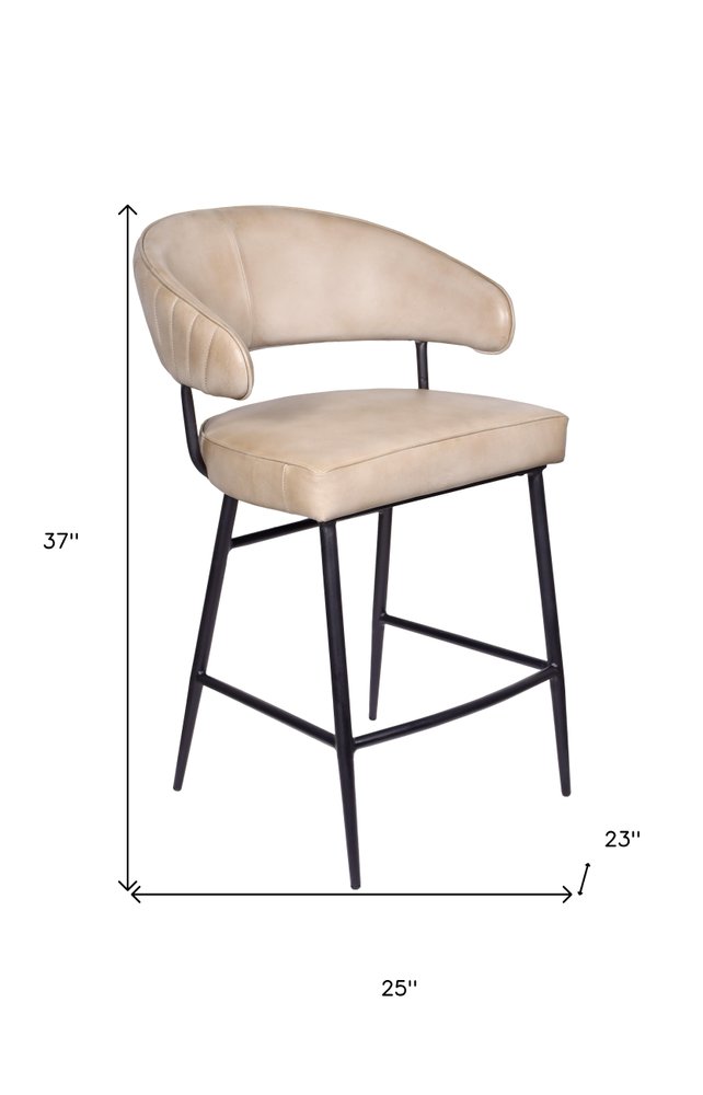 Beige leather bar stool with dimensions labeled on a white background