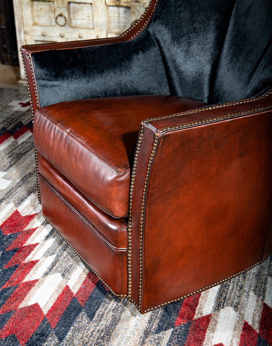 Burgundy brown leather and black cowhide luxury swivel chair made in the USA - Your Western Decor