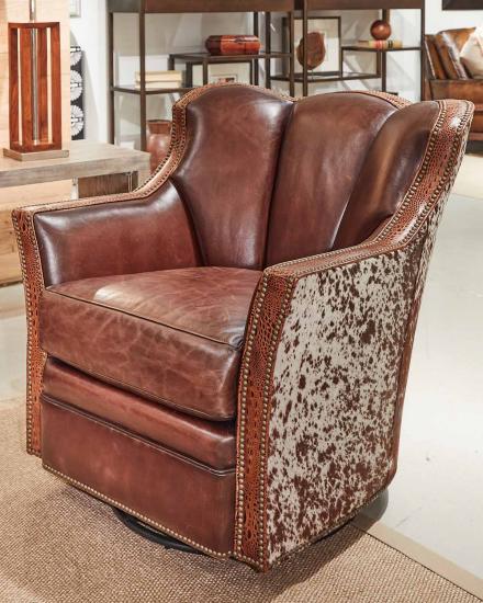 Brown peppered cowhide, leather, and croc leather upholstered swivel chair 
