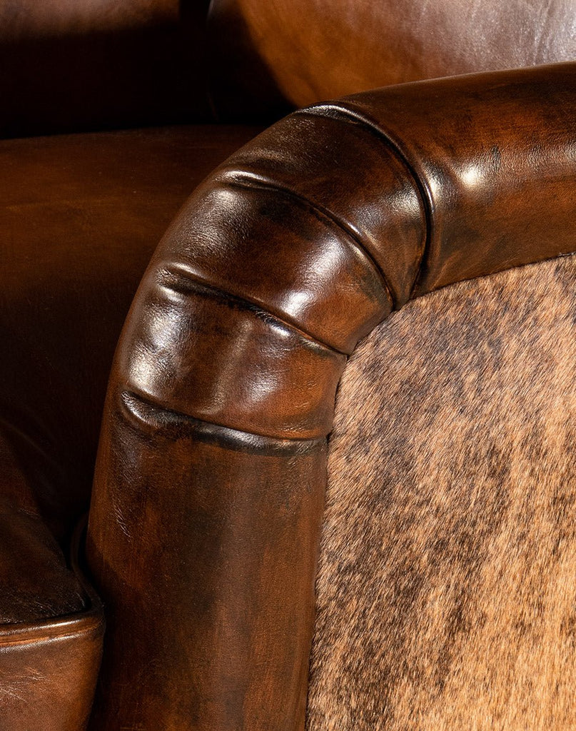 Burnished leather and brindle cowhide swivel glider - USA made living room chairs - Your Western Decor