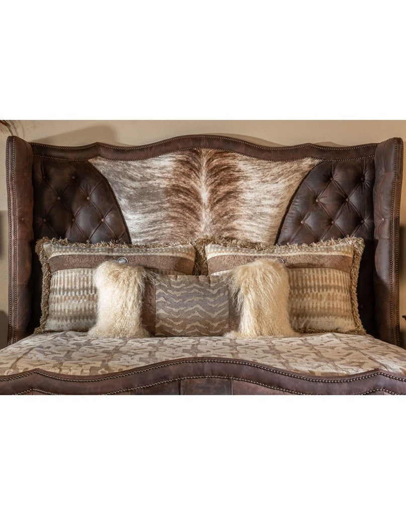 Grey leather and brindle cowhide western tufted headboard - Hand crafted in the USA - Your Western Decor