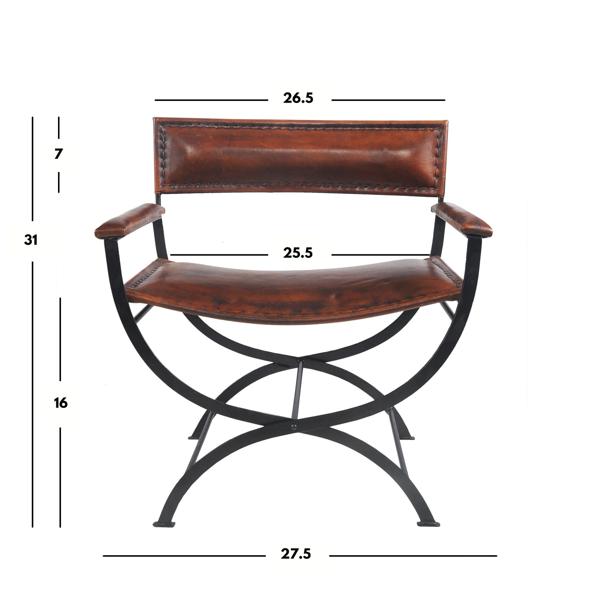 Brown leather and black iron directors chair dimensions 
