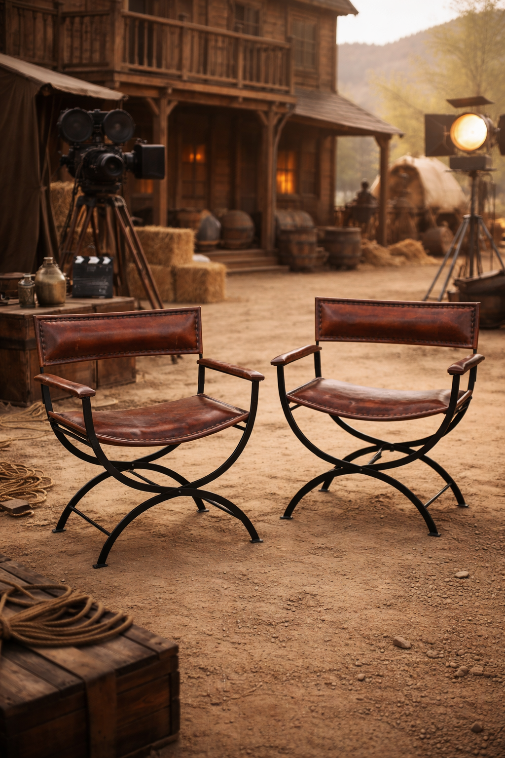 Two director's chairs in a rustic outdoor setting with wooden buildings and film equipment.