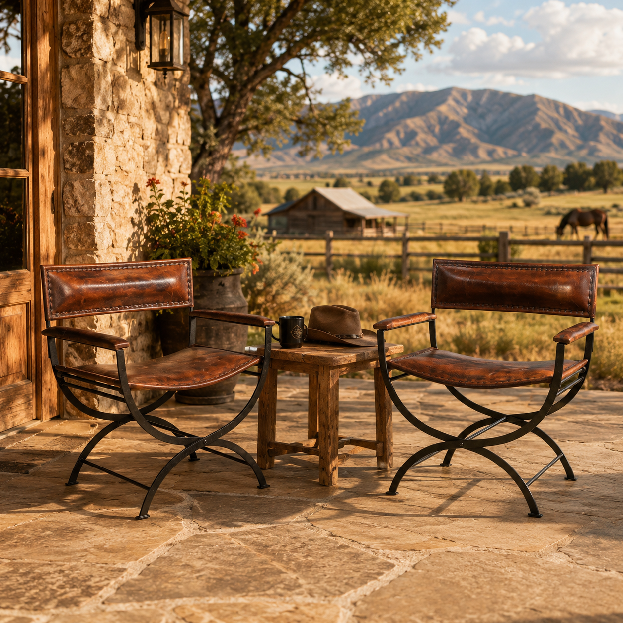 2 leather director chairs outdoors in ranch setting 