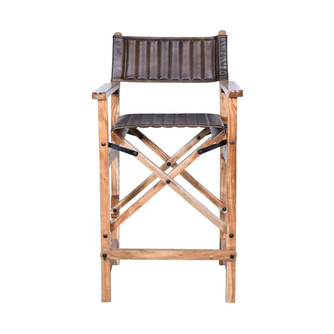 Dark brown buffalo leather folding bar chair with wood frame - Your Western Decor