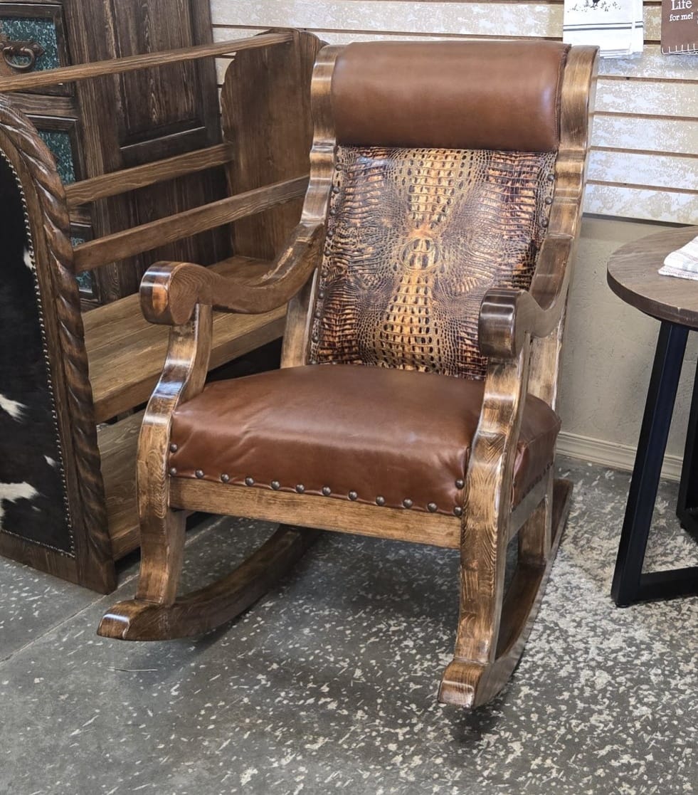 Smooth and croc embossed leather custom upholstered rocking chair - Your Western Decor