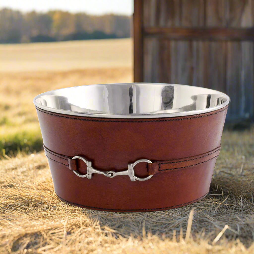 Leather surround stainless steel ice tub with pewter snaffle bit embellishment - Your Western Decor